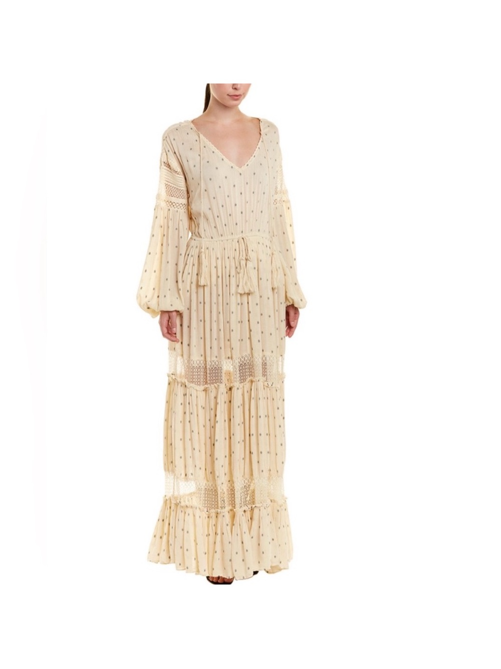 Free People Cream Tiered Boho Maxi Dress with Tassel Tie